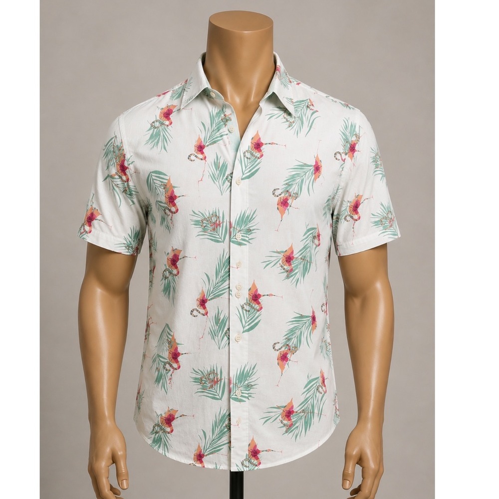 Ocean Current Hawaiian Button Down Men XL White Tropical Flamingo Print Shirt